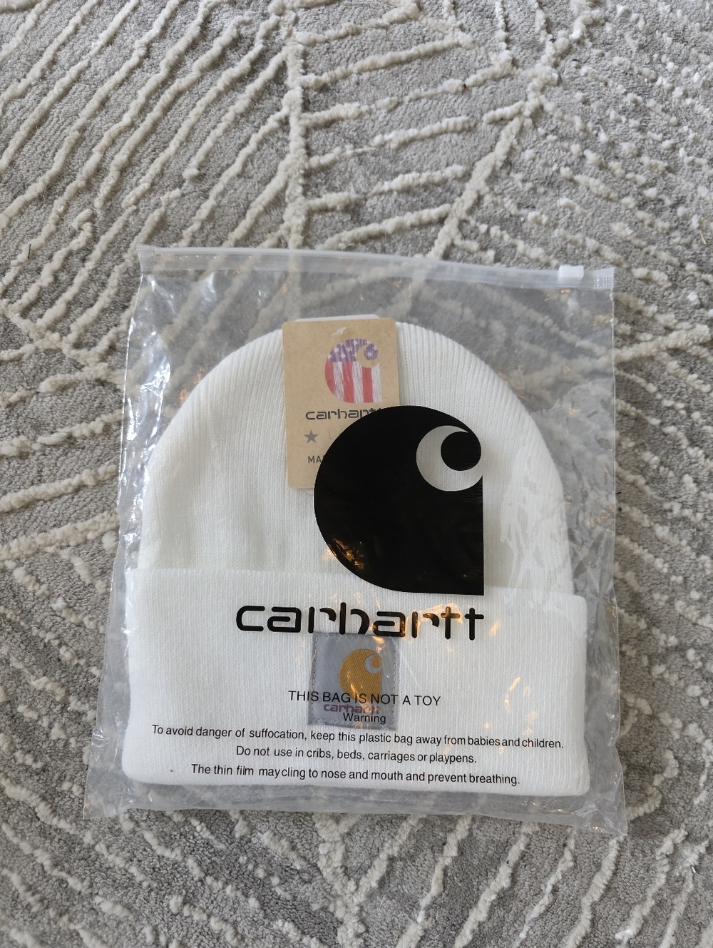 Carhartt Hat White Ribbed Cuff Beanie with Logo Patch Adult One Size Fits All